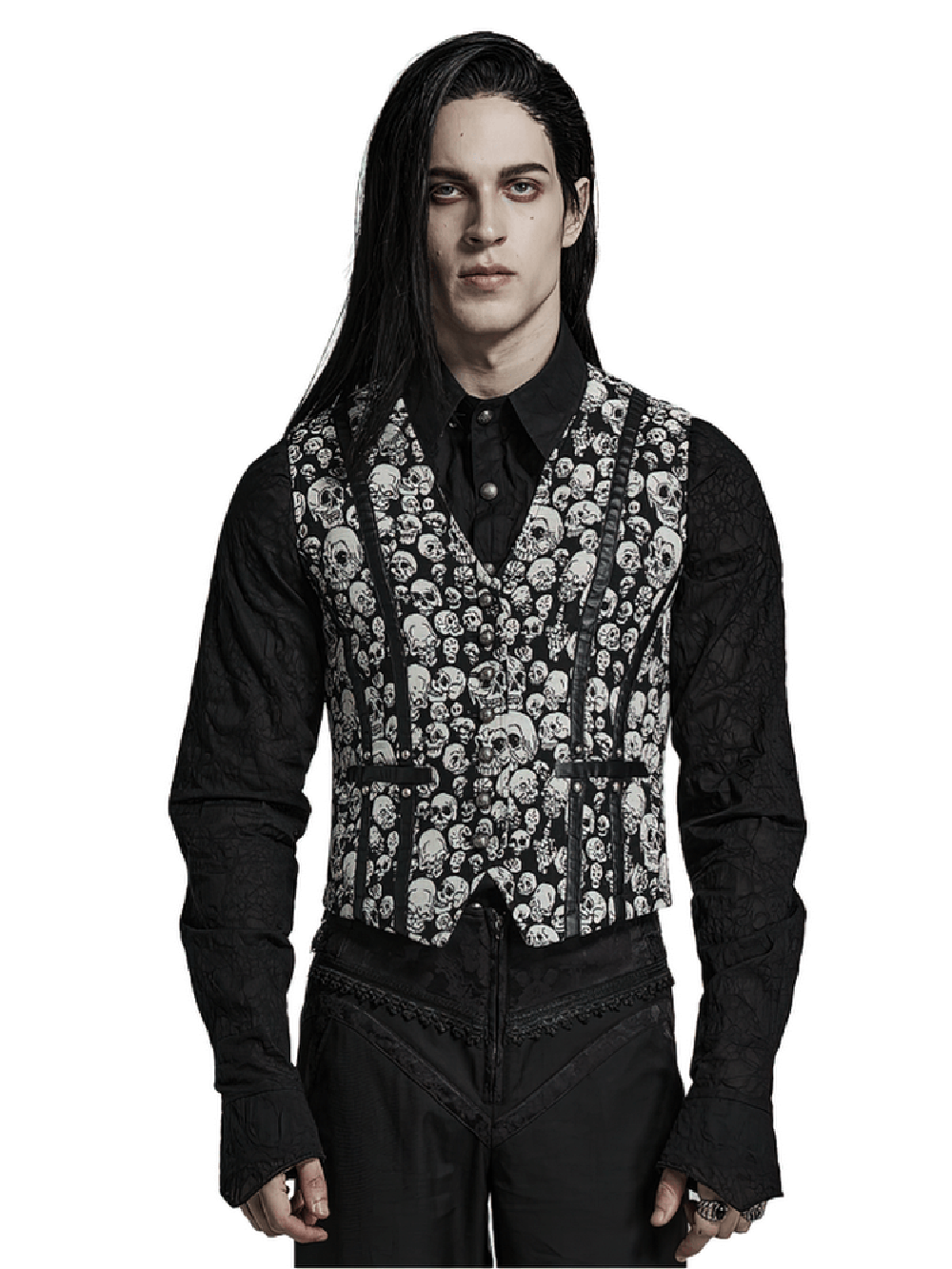 Men's Gothic Skull Jacquard Fitted Vest with eye-catching skull pattern worn over a black shirt, exuding edgy elegance.