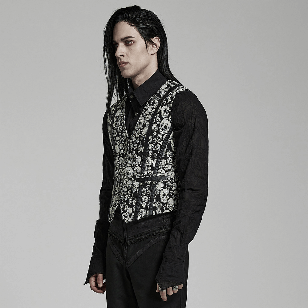 Men's Gothic Skull Jacquard Fitted Vest showcasing an edgy skull pattern and tailored design, perfect for dark fashion enthusiasts.