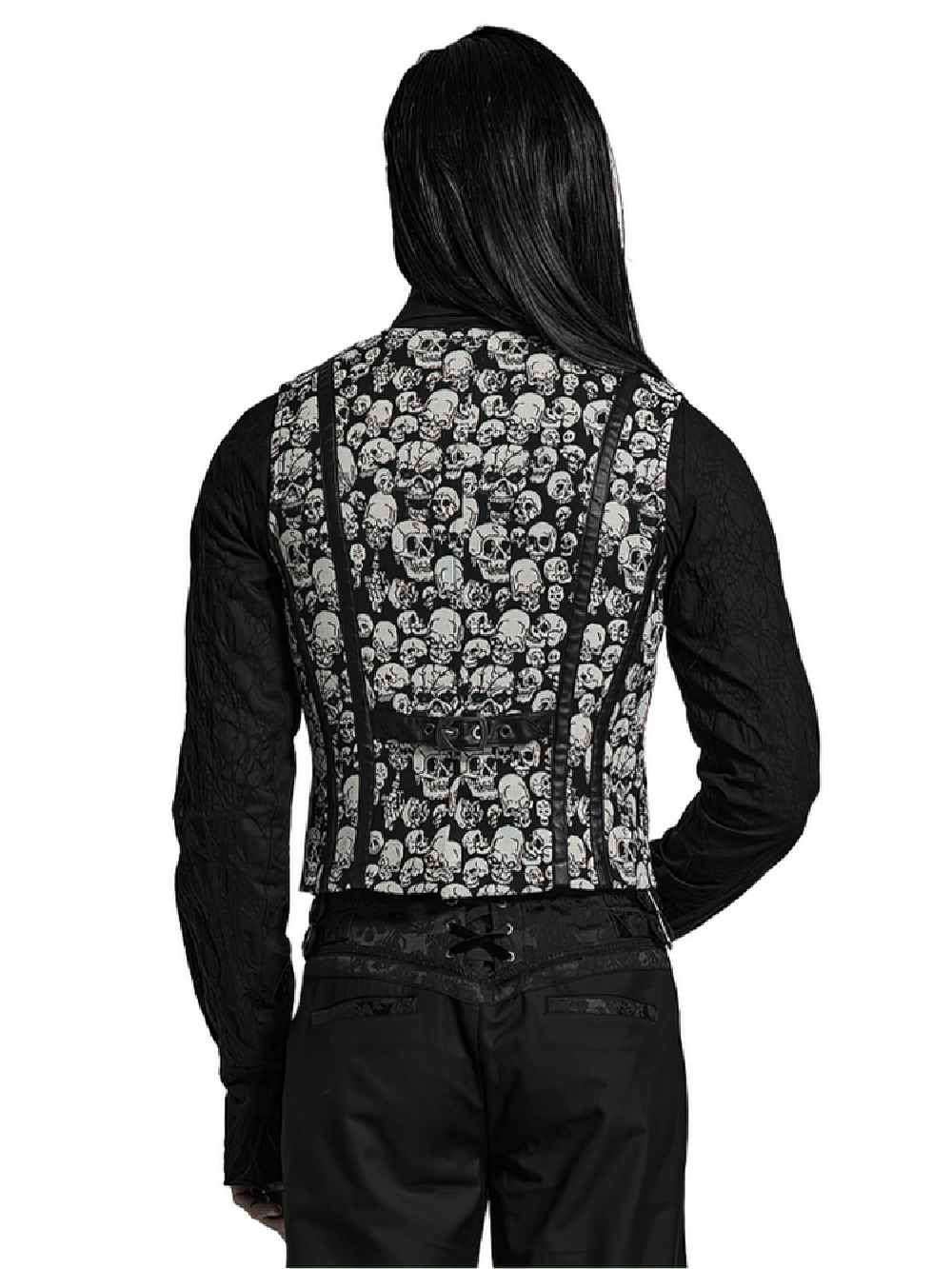Men's Gothic skull jacquard fitted vest showcasing intricate skull patterns and adjustable back, perfect for edgy style.