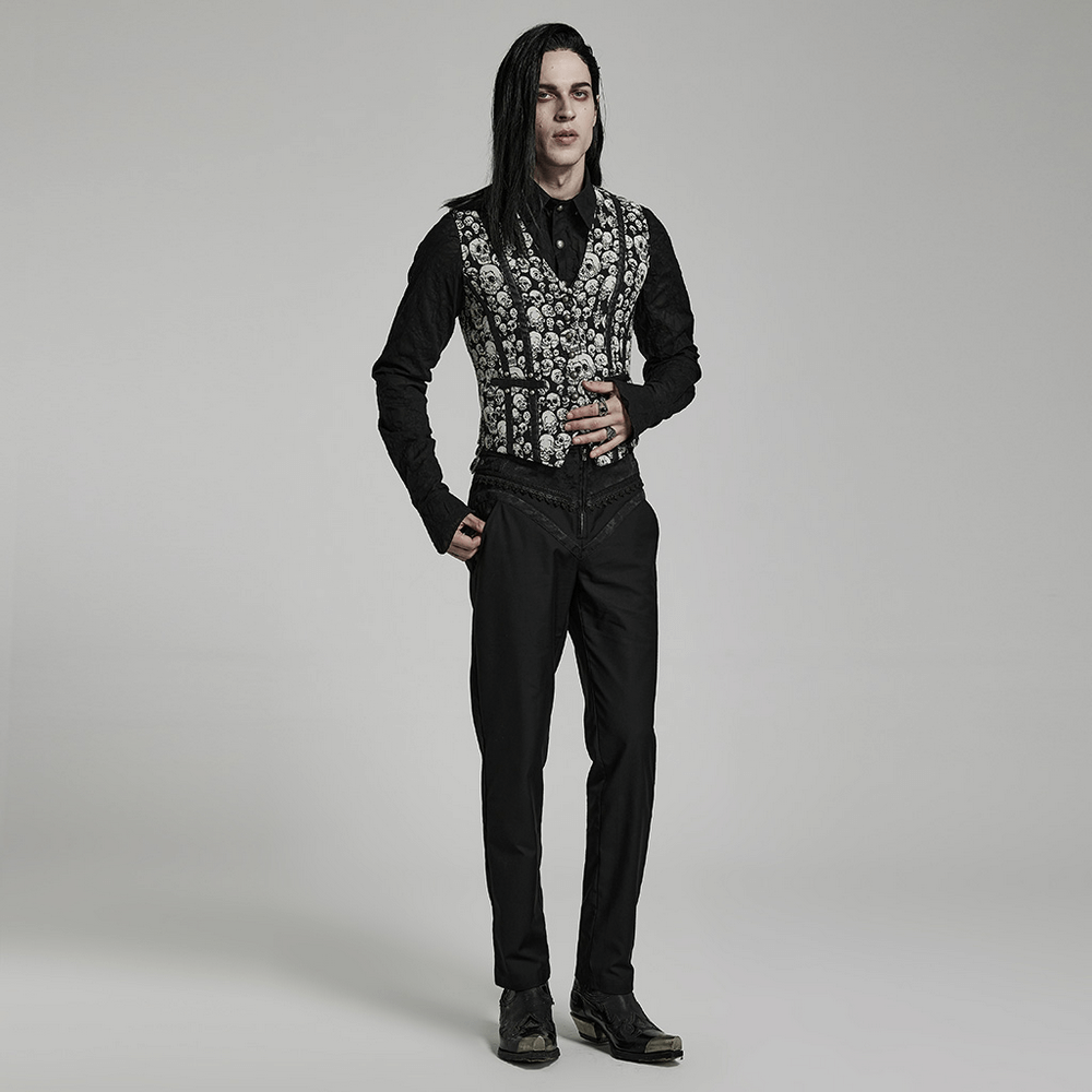 Men's Gothic Skull Jacquard Fitted Vest with skull pattern, designed for edgy elegance and slim fit.