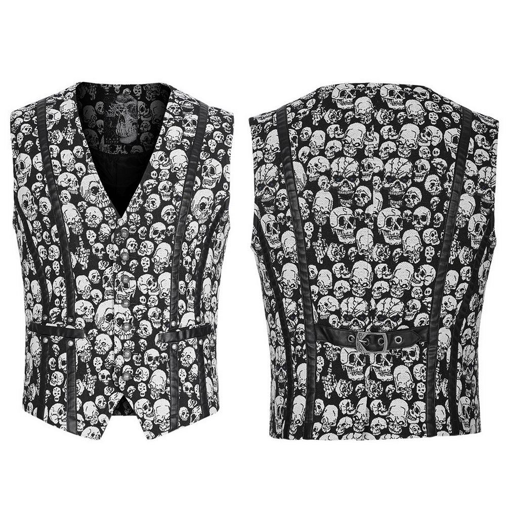 Men's Gothic Skull Jacquard Fitted Vest showcasing a bold skull pattern, adjustable back buckle, and stylish fitted design.