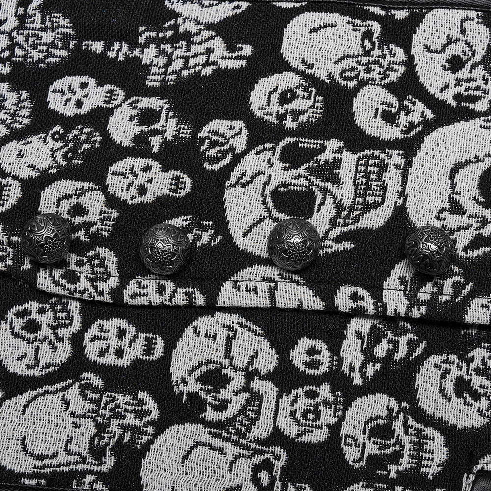 Close-up of Men's Gothic Skull Jacquard Fitted Vest showcasing black and white skull pattern and decorative buttons.