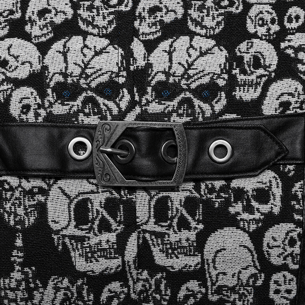 Close-up of Men's Gothic Skull Jacquard Vest with skull pattern and adjustable back buckle.