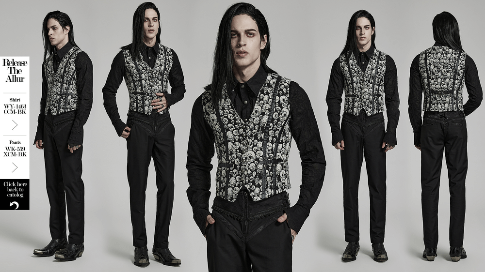 Men's Gothic Skull Jacquard Fitted Vest in black, showcasing a stylish skull pattern, perfect for a bold gothic look.