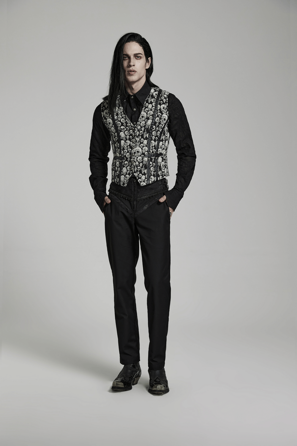 Stylish model in Gothic Skull Jacquard Fitted Vest, showcasing a chic dark look with a skull pattern and tailored fit.
