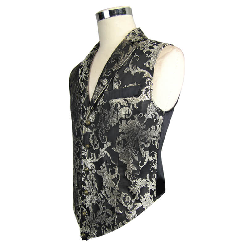 Men's Gothic embroidered waistcoat featuring intricate gold patterns and a stylish turn-down collar.