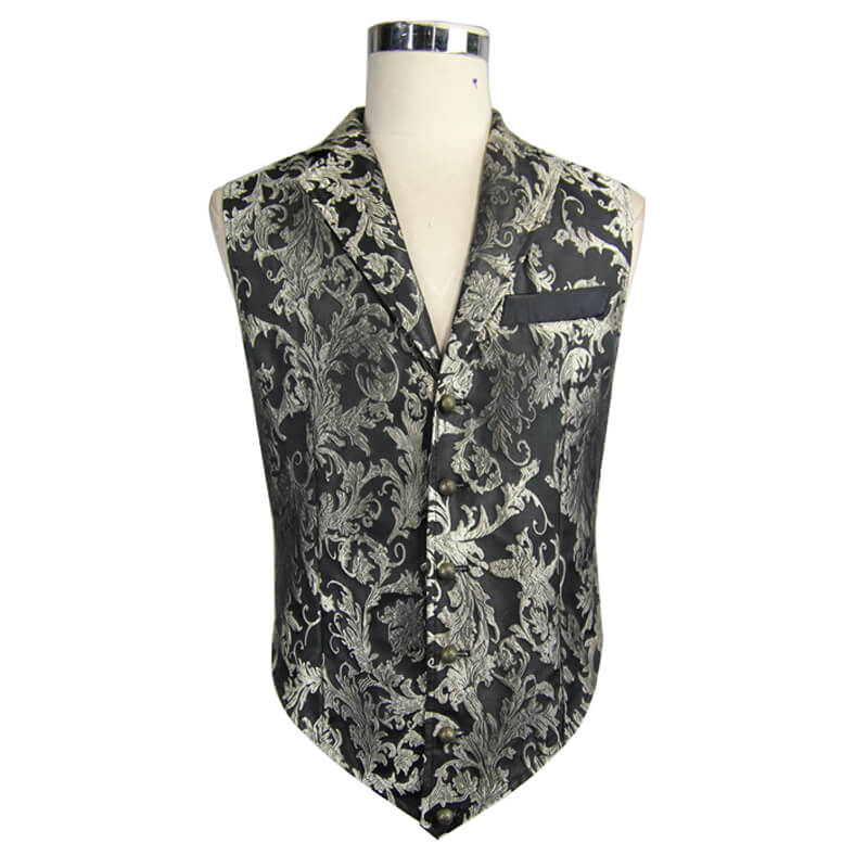Men's Gothic embroidered waistcoat with luxurious gold pattern and retro buttons, perfect for vintage outfits.