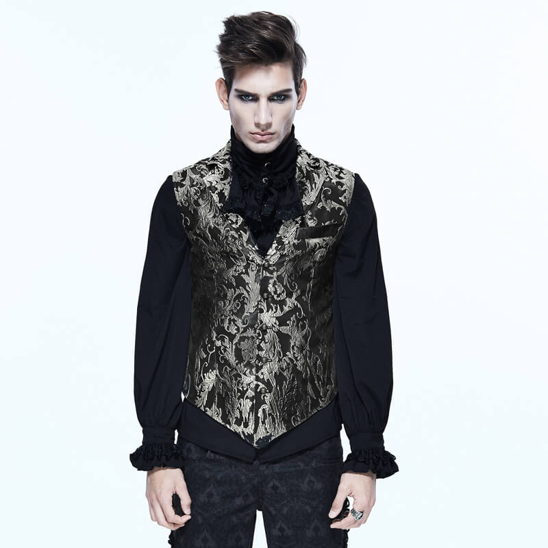 Men's Gothic embroidered waistcoat with luxurious gold pattern, perfect for vintage and steampunk styles.