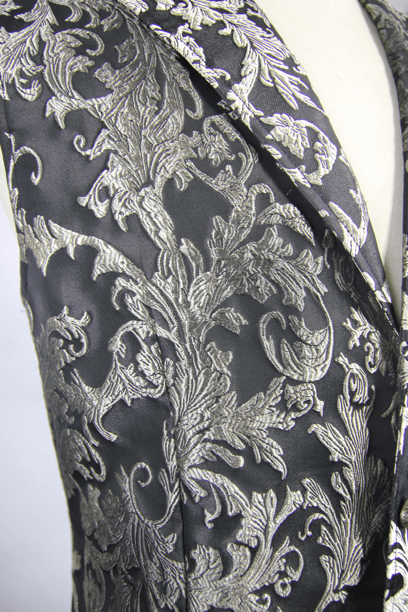 Gothic embroidered waistcoat featuring luxurious black fabric with intricate silver floral patterns.