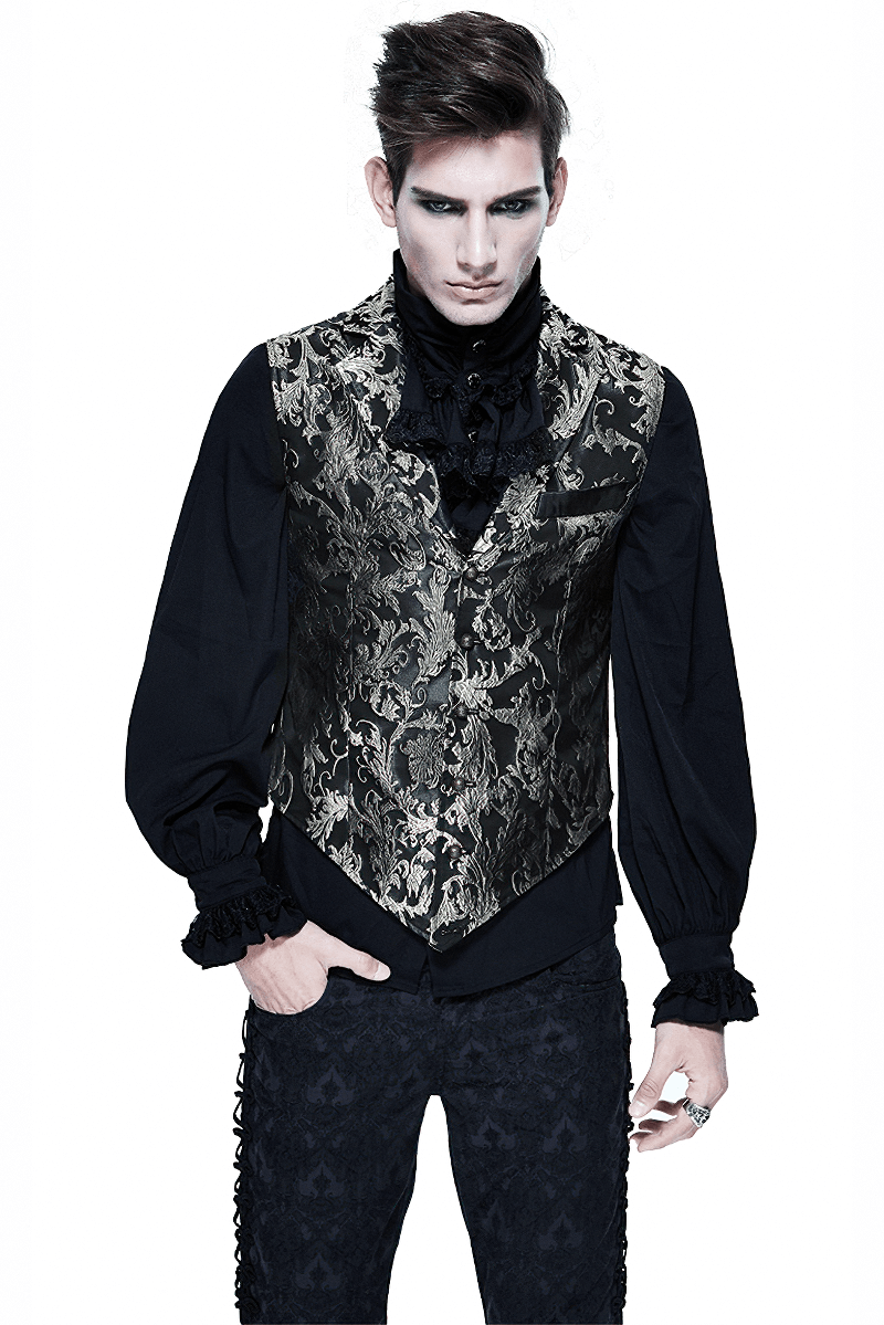 Men's Gothic embroidered waistcoat with a luxurious gold pattern and retro buttons, perfect for vintage outfits.