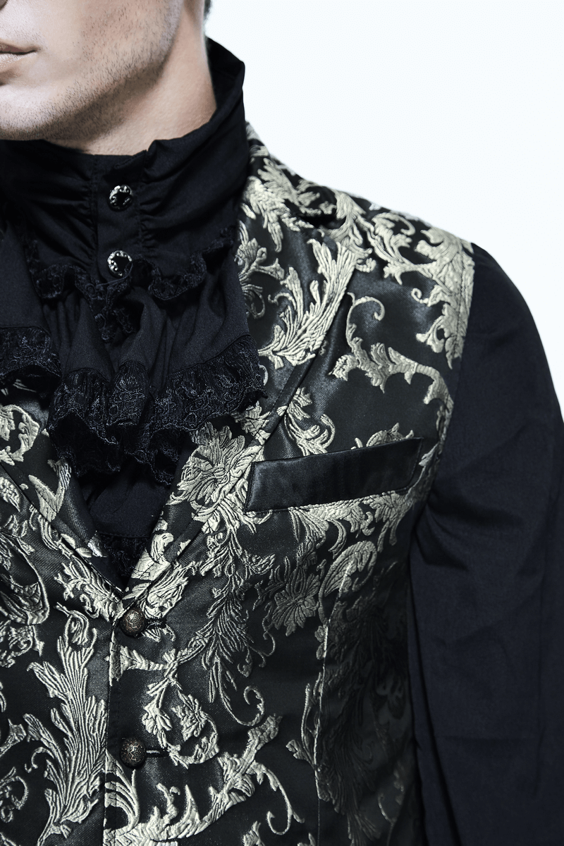 Men's Gothic embroidered waistcoat with luxurious gold pattern and retro buttons, perfect for stylish vintage outfits.