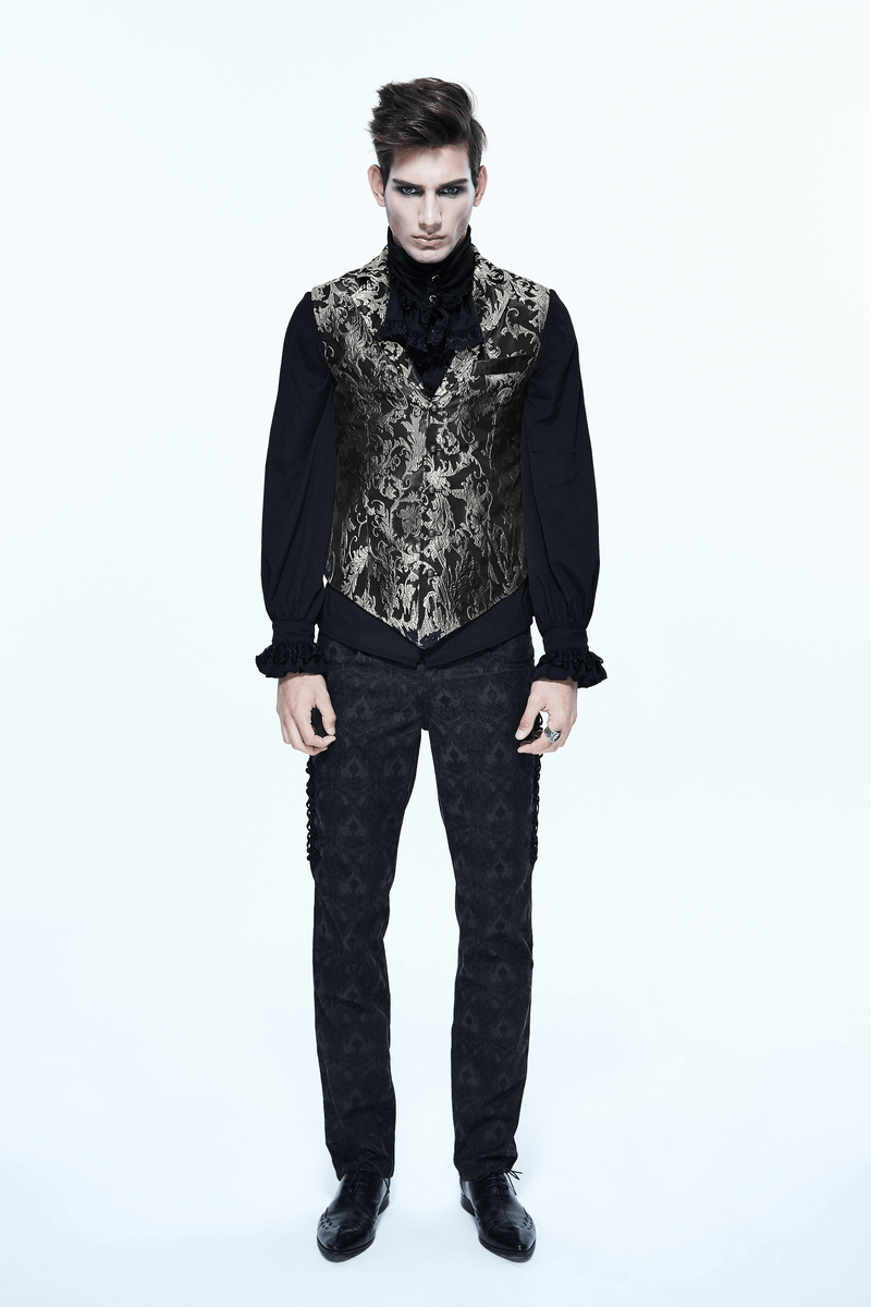 Stylish man wearing a Gothic embroidered waistcoat with a gold pattern and black pants, perfect for vintage outfits.