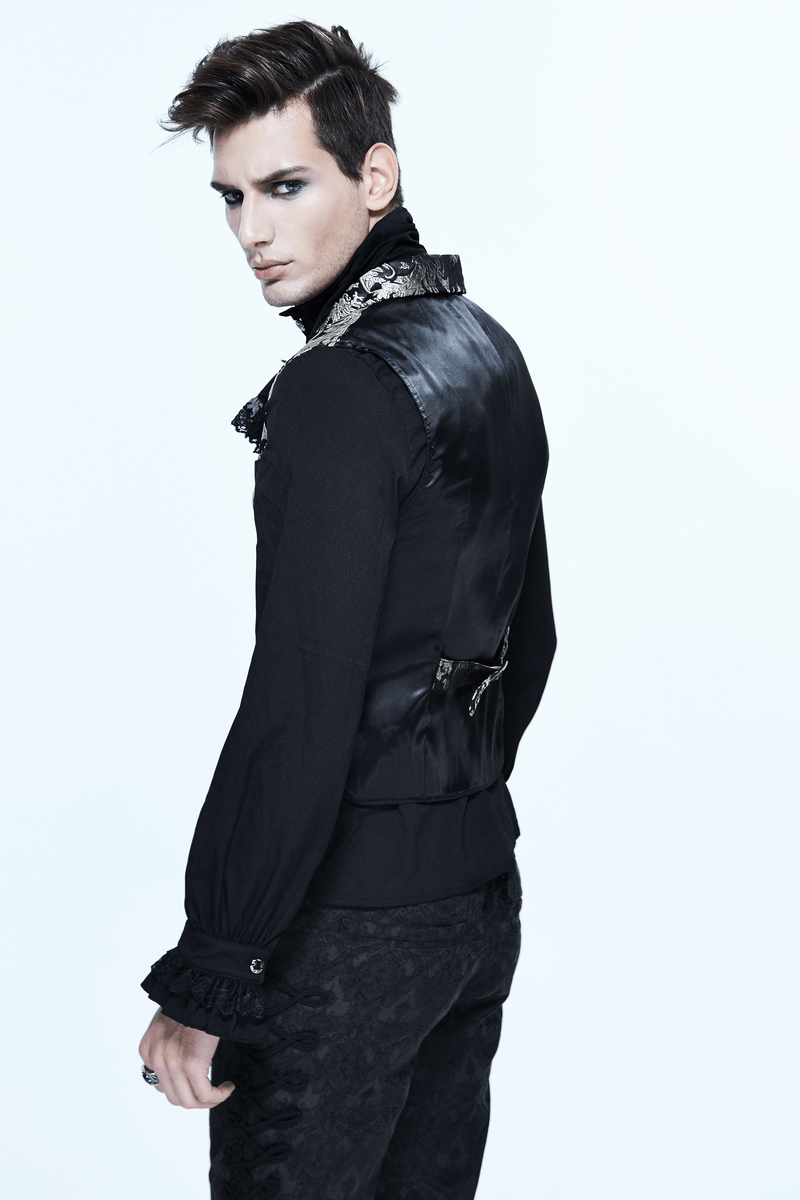 Stylish man wearing a black Gothic embroidered waistcoat with retro buttons for vintage fashion.