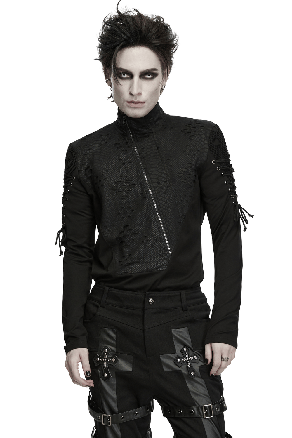Men's Gothic Snake Texture Techwear Turtleneck Top with asym zipper, snake-textured panels, and lace-up sleeves