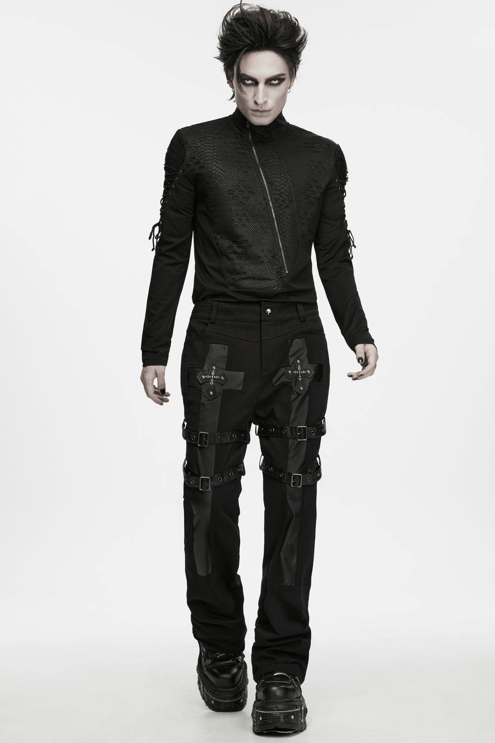 Men's Gothic Snake Texture Techwear Turtleneck Top with zipper, mesh shoulders, and lace-up sleeves in black