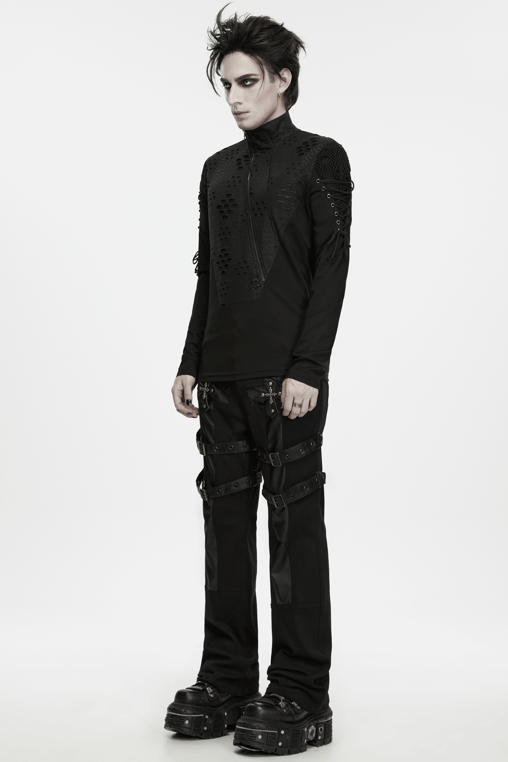 Men's Gothic Snake Texture Techwear Turtleneck Top with mesh shoulders, lace-up sleeves, and asymmetric zipper in black