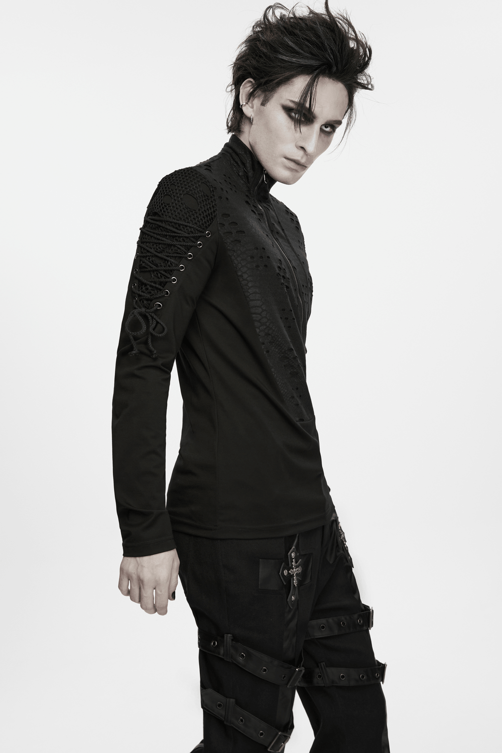 Men's Gothic Snake Texture Techwear Turtleneck Top with lace-up sleeve details, shown in sleek black gothic style