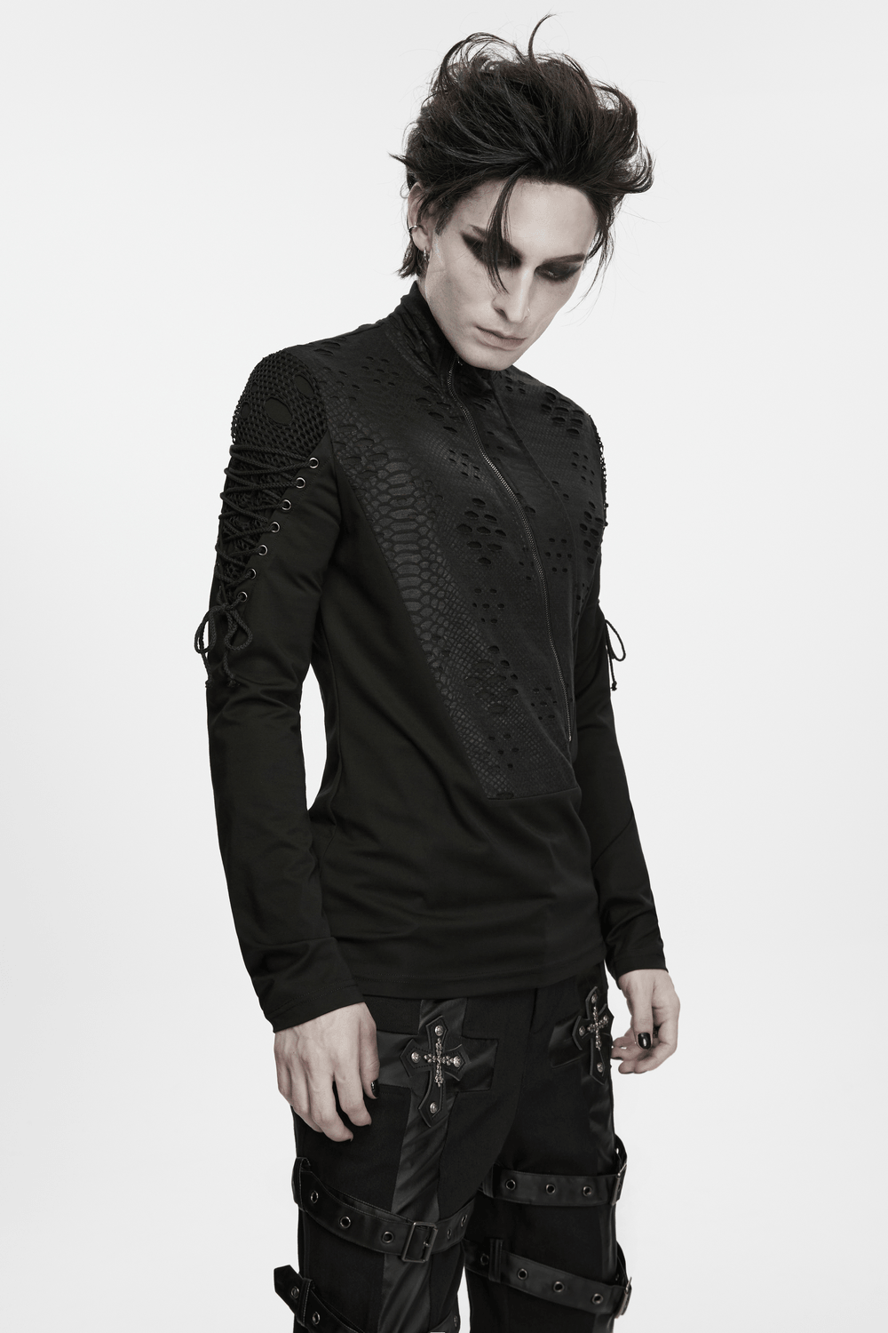 Men's Gothic Snake Texture Techwear Turtleneck Top black long-sleeve with lace-up shoulders, mesh panels, and zip front
