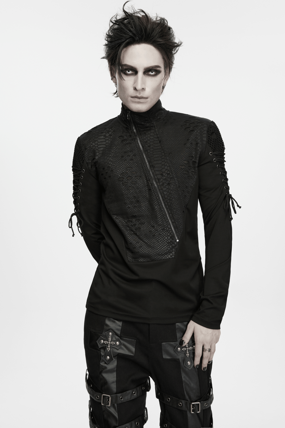 Men's Gothic Snake Texture Techwear Turtleneck Top with asymmetrical zipper, lace-up sleeves, and dark snake-textured panels