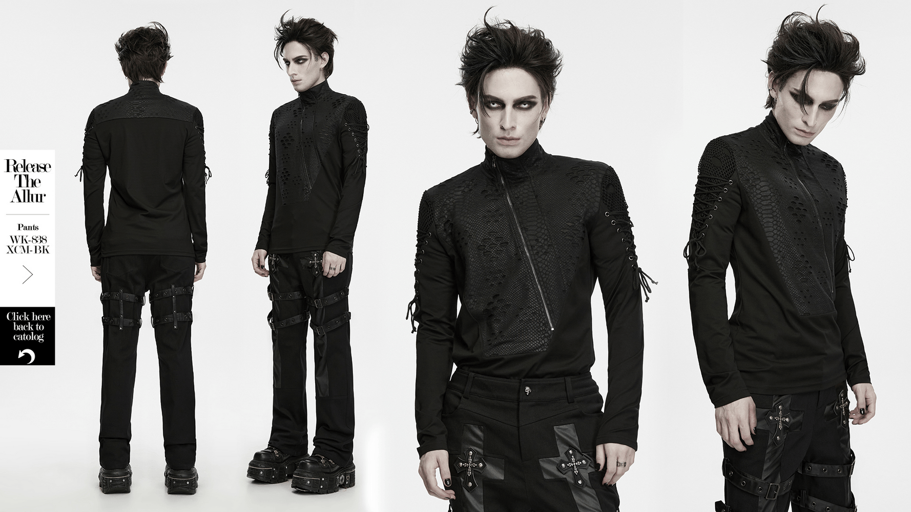 Men's Gothic Snake Texture Techwear Turtleneck Top, black long-sleeve gothic shirt with zipper, mesh shoulders and lace-up details