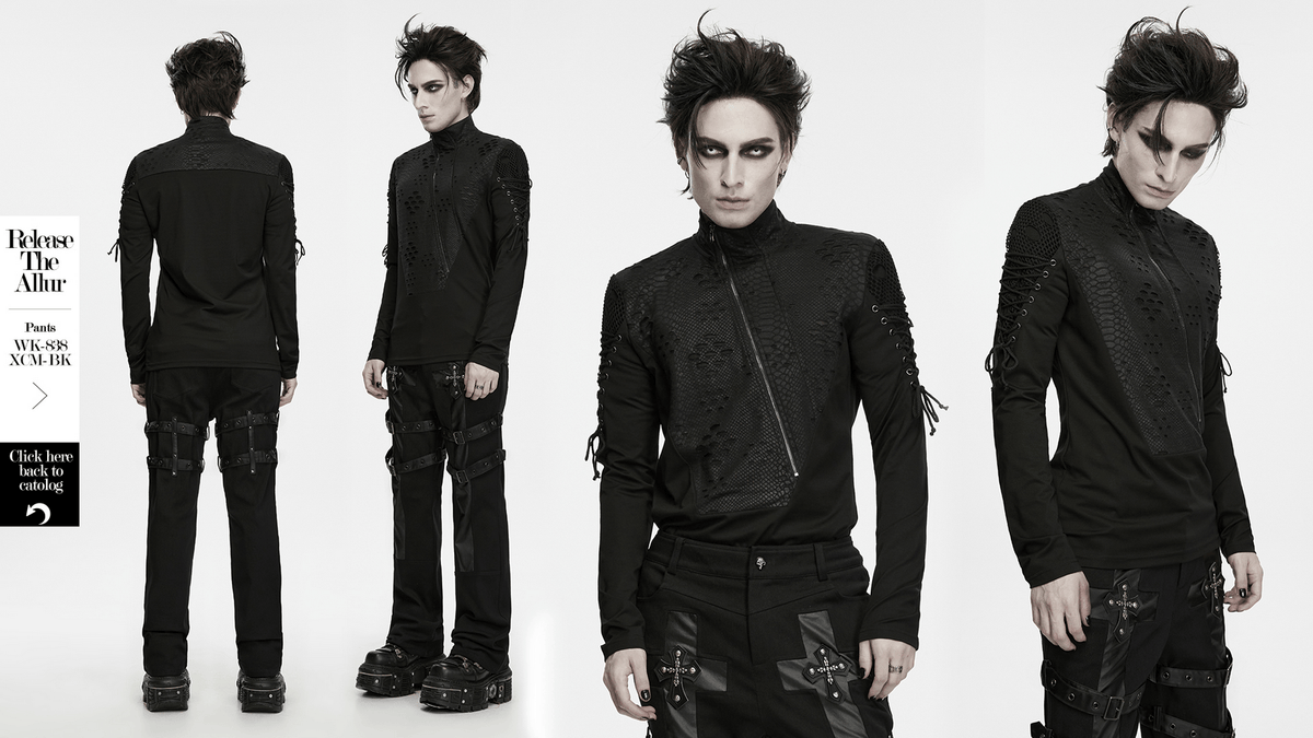 Men's Gothic Snake Texture Techwear Turtleneck Top, black long-sleeve gothic shirt with zipper, mesh shoulders and lace-up details