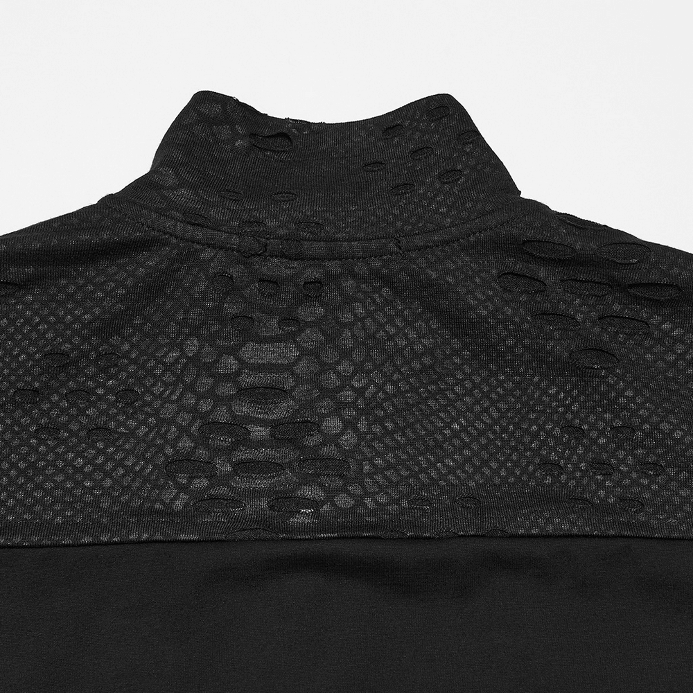 Men's Gothic Snake Texture Techwear Turtleneck Top, black mesh textured distressed stretch knit