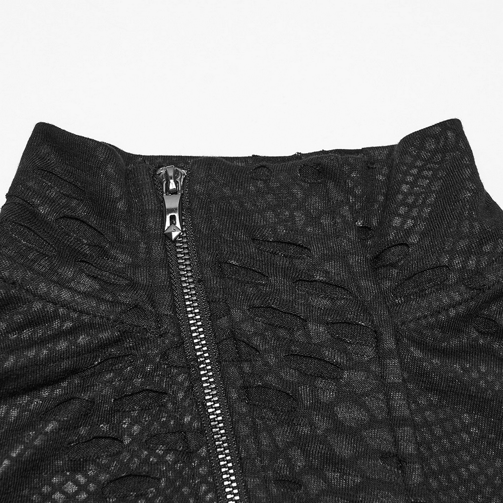 Men's Gothic Snake Texture Techwear Turtleneck Top with asymmetrical zipper and snake-textured mesh panels