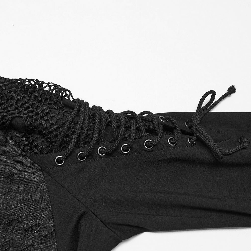 Men's Gothic Snake Texture Techwear Turtleneck Top with lace-up sleeve, mesh shoulder, and metal eyelet details