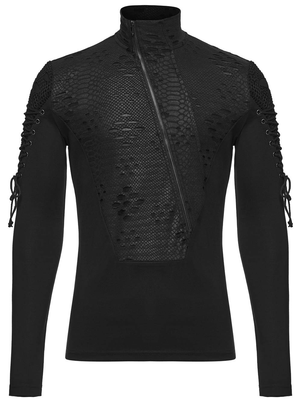 Men's Gothic Snake Texture Techwear Turtleneck Top, black long-sleeve zip mock neck with lace-up sleeves