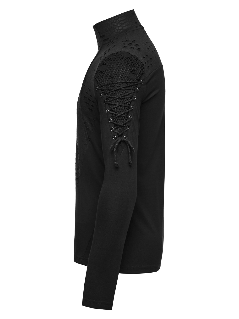 Men's Gothic Snake Texture Techwear Turtleneck Top with lace-up sleeve and distressed mesh shoulder details