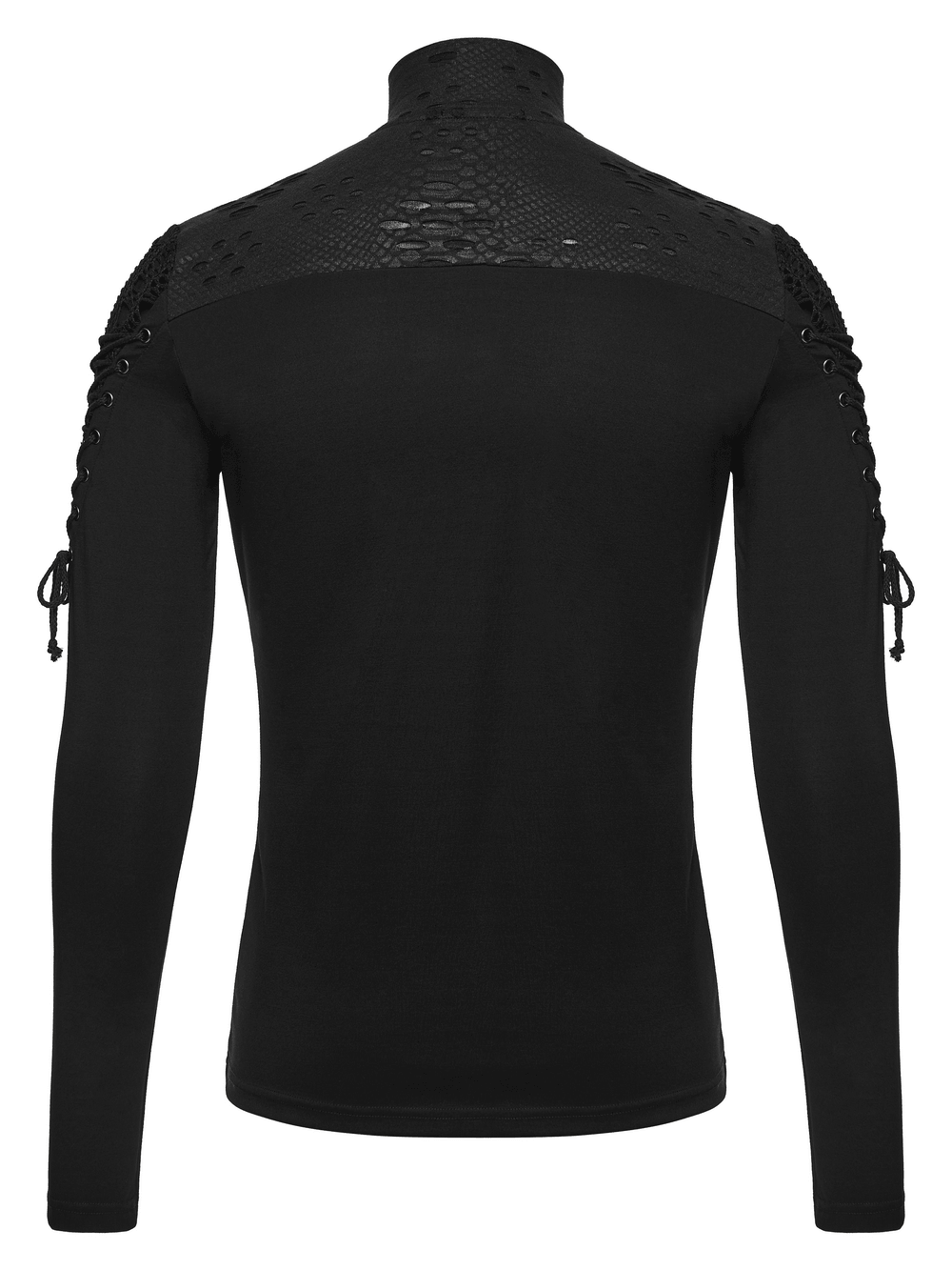 Men's Gothic Snake Texture Techwear Turtleneck Top black back view with lace-up sleeves and mesh shoulder details