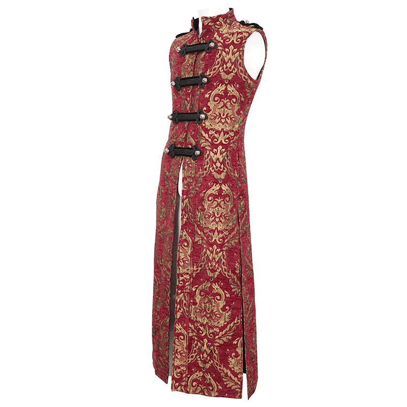 Men's gothic sleeveless long coat featuring red and gold vintage design with stand collar and unique button details.