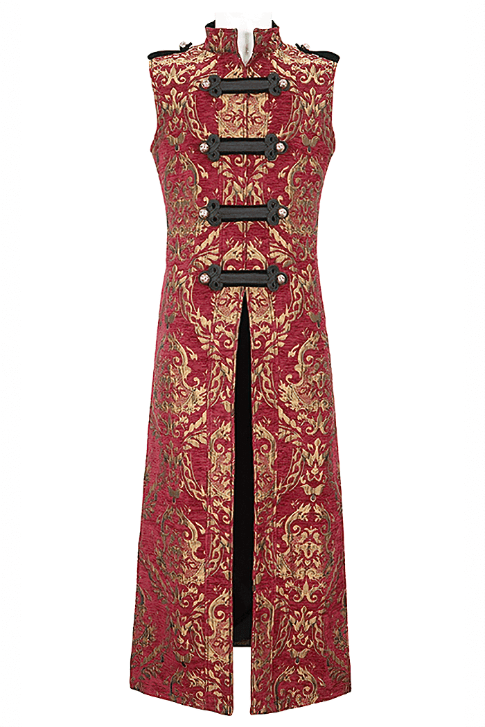 Men's gothic sleeveless long coat in red and gold with stand collar and intricate patterns, showcasing vintage style.