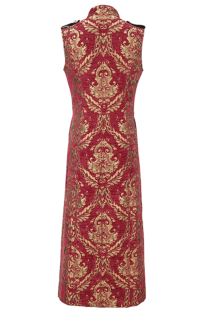 Men's Gothic sleeveless long coat in red and gold, featuring intricate vintage patterns and a stand collar design.