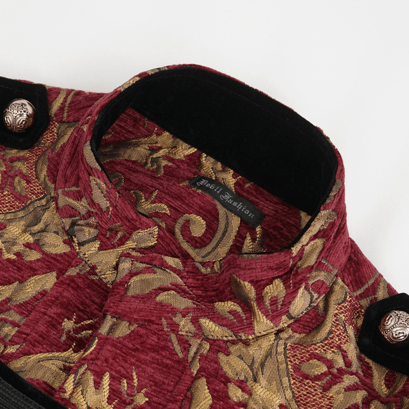Close-up of the stand collar of a men's gothic coat featuring red and gold vintage patterns and elegant buttons.