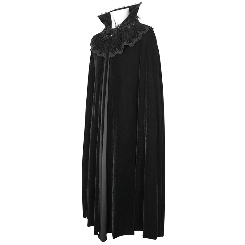 Men's gothic high collar velvet cloak with lace splicing, exuding dark elegance and alternative style.