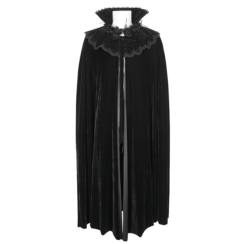 Men's Gothic Stand High Collar Lace Splice Velvet Cloak - HARD'N'HEAVY