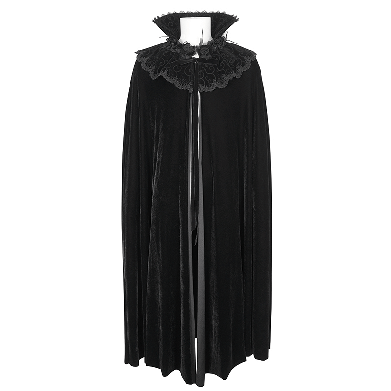 Men's gothic high collar velvet cloak with lace splicing, perfect for alternative fashion enthusiasts.