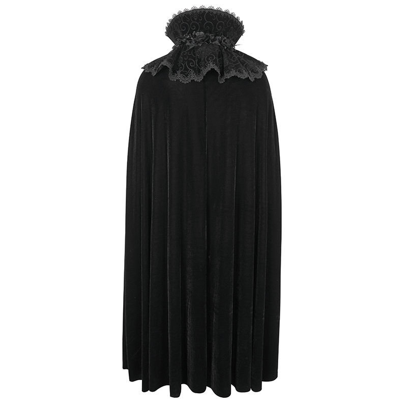 Men's gothic high collar velvet cloak with lace splicing, showcasing dark elegance and sophistication.