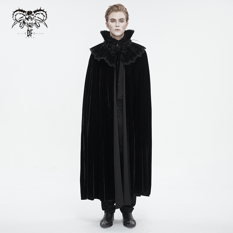 Men's Gothic high collar velvet cloak with lace detailing, embodying dark elegance and alternative style.