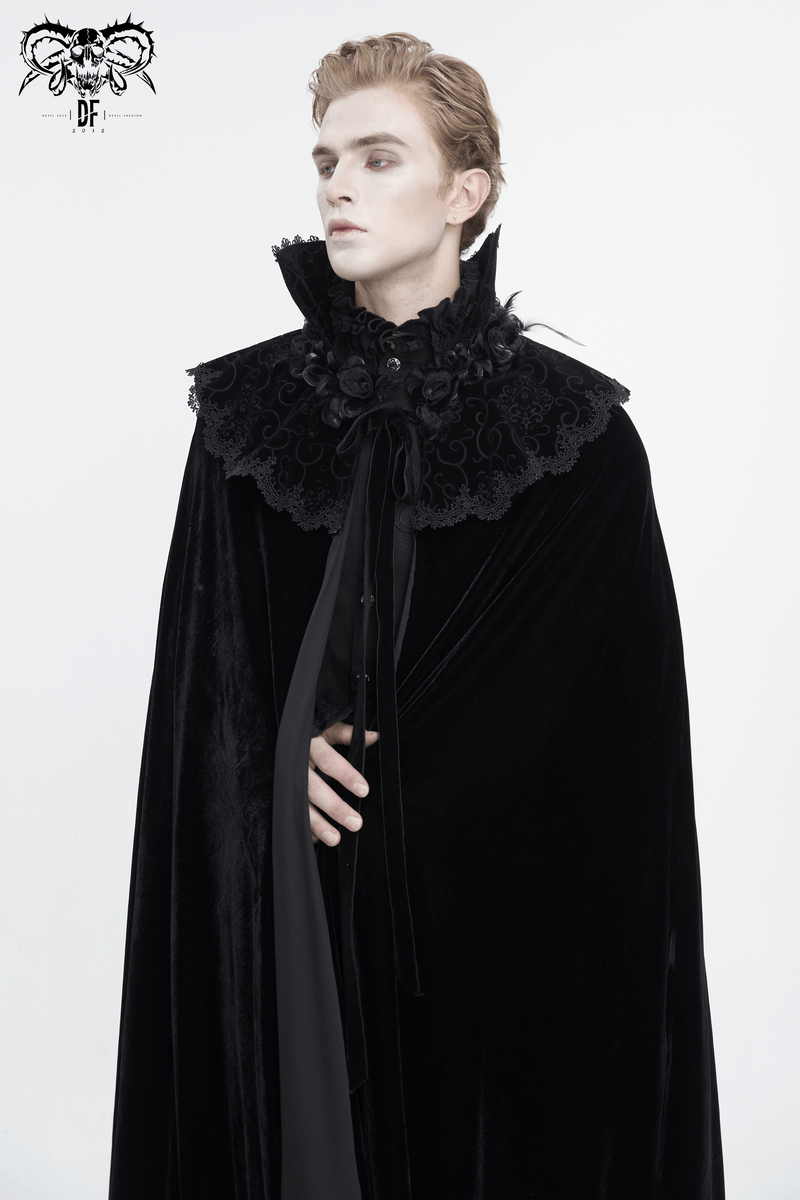 Men's Gothic high collar cloak in velvet with lace detailing, exuding dark elegance and sophistication.