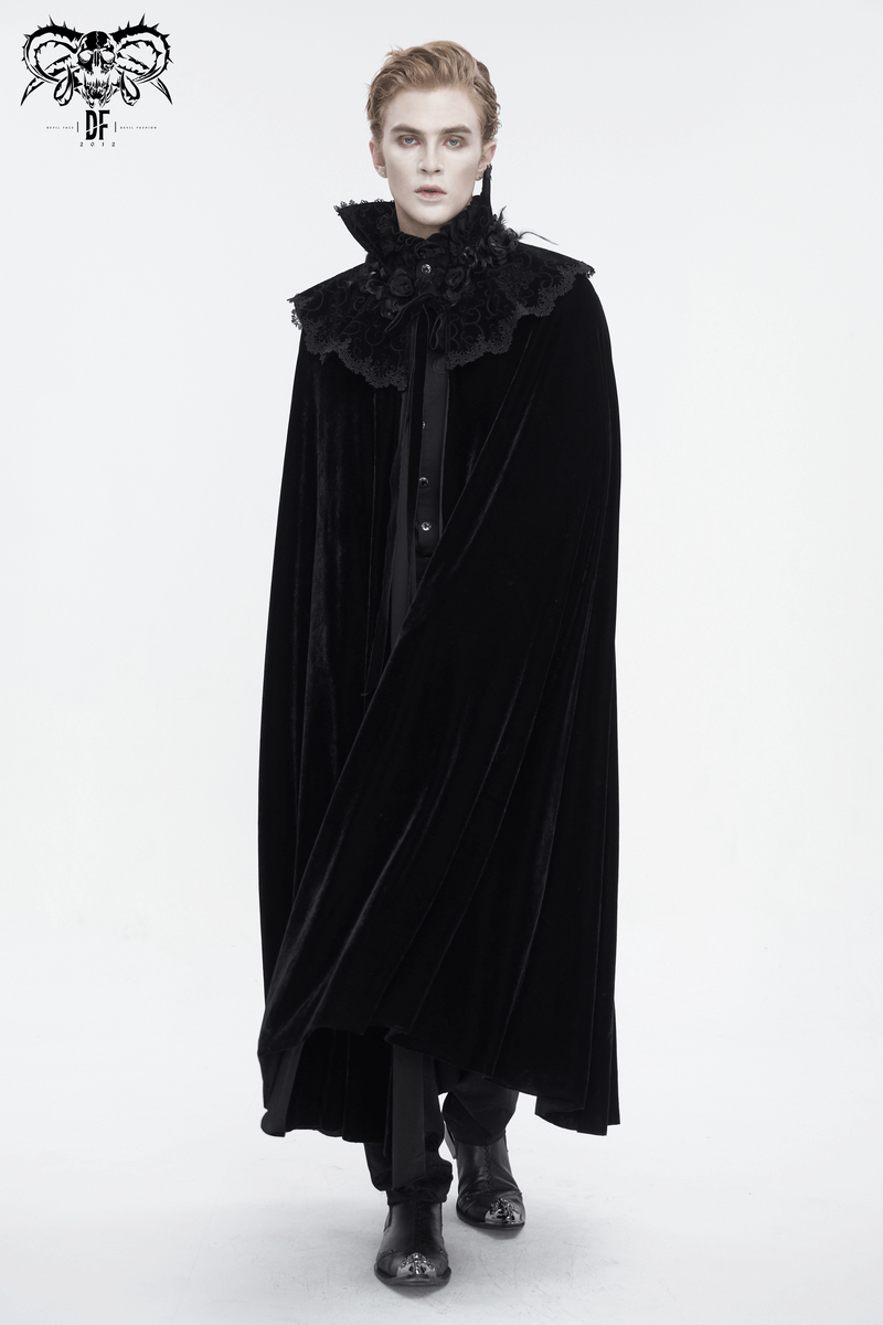 Men's Gothic Stand High Collar Lace Splice Velvet Cloak - HARD'N'HEAVY