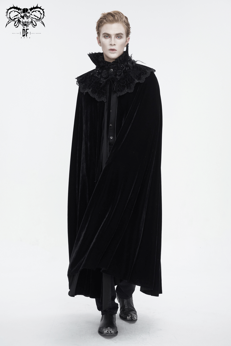 Men's gothic high collar lace splice velvet cloak, embodying dark elegance and alternative style.