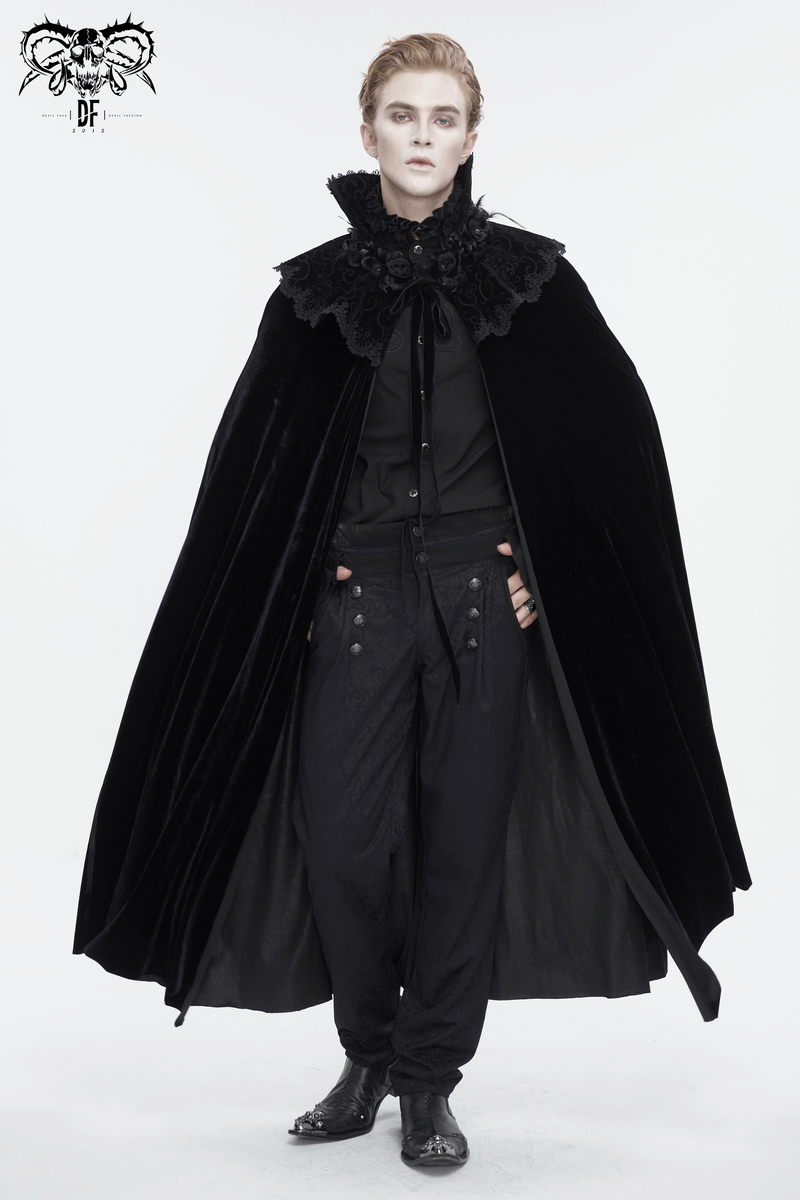 Men's gothic high collar velvet cloak with lace details for dark elegance in alternative fashion.