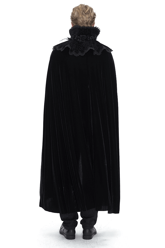 Back view of a men's gothic velvet cloak with high collar and lace details, showcasing dark elegance and alternative style.