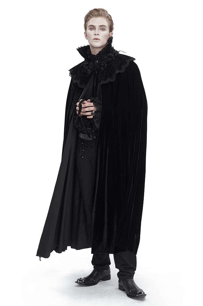 Men's gothic high collar velvet cloak with lace details, showcasing dark elegance and mysterious allure.