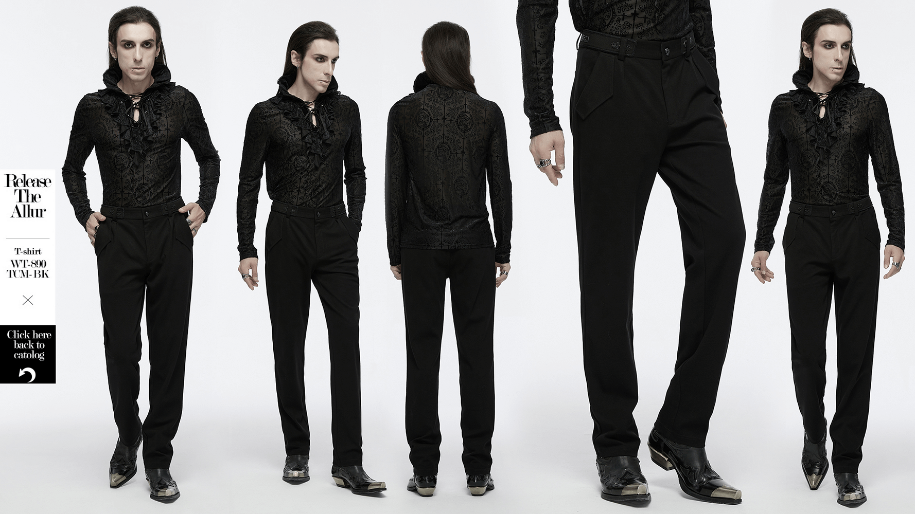 Men's gothic straight-leg trousers with retro buckles, styled with a black patterned shirt for a minimalist vibe.