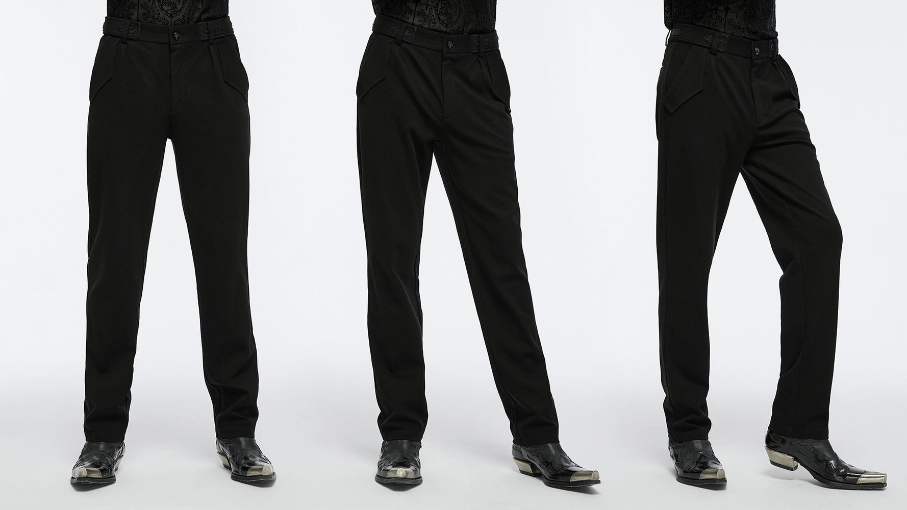 Men's gothic straight-leg trousers with retro buckles, showcasing sleek design and practical pockets. Perfect for any occasion.