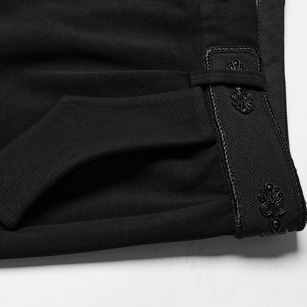 Close-up of black men's gothic trousers showing retro buckles and detailed stitching for a stylish touch.