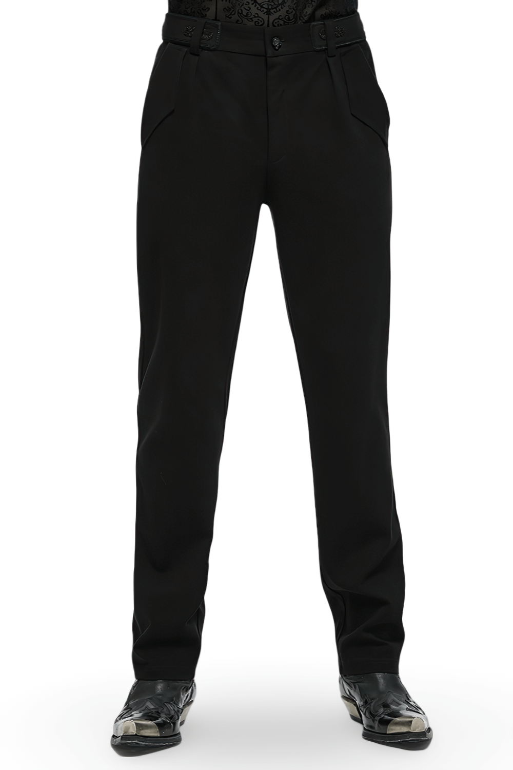 Men's gothic straight-leg trousers featuring retro buckles and pockets, perfect for a minimalist dark wardrobe upgrade.